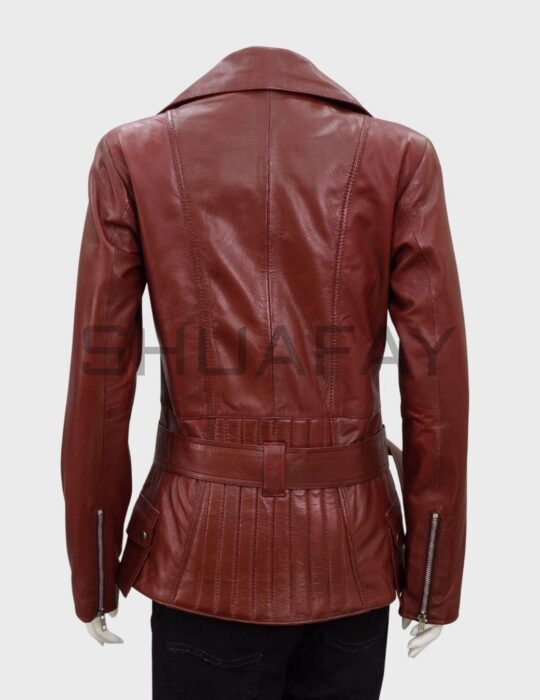 Shuafay women's red leather biker jacket with asymmetric zipper, tailored fit, and zipper accents on sleeves. Perfect for a luxury biker lifestyle statement.
