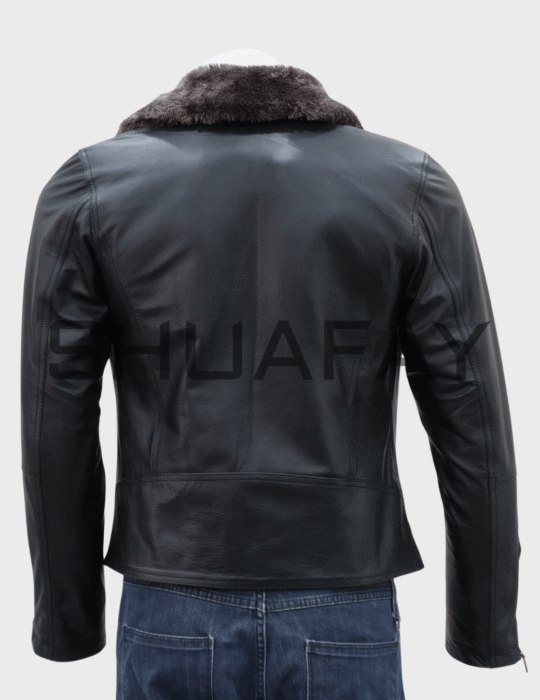 SHUAFAY men's leather biker jacket with fur collar, premium black leather, motorcycle style, luxury craftsmanship, sleek and timeless design. Perfect for biker enthusiasts.