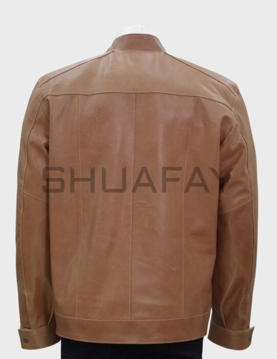SHUAFAY leather biker jacket in tan, premium quality leather, stylish and durable for an edgy lifestyle. Perfect for motorcycle enthusiasts and fashion-forward individuals.
