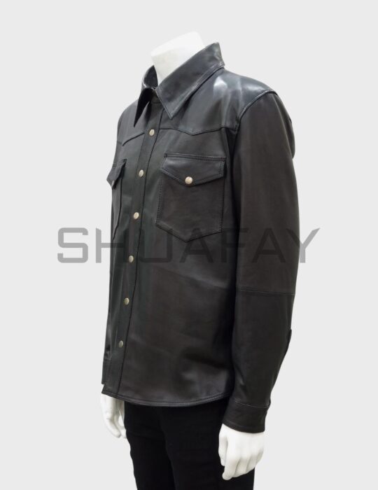 SHUAFAY Black Leather Shirt with Snap Buttons and Dual Chest Pockets, Premium biker gear for a luxurious lifestyle. Perfect for stylish rides and edgy streetwear.