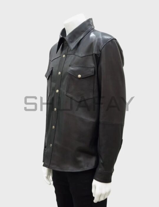 SHUAFAY black leather men's biker shirt with buttoned chest pockets. Premium fashion piece, perfect for riding and stylish casual wear, crafted from high-quality leather for durability and luxury.