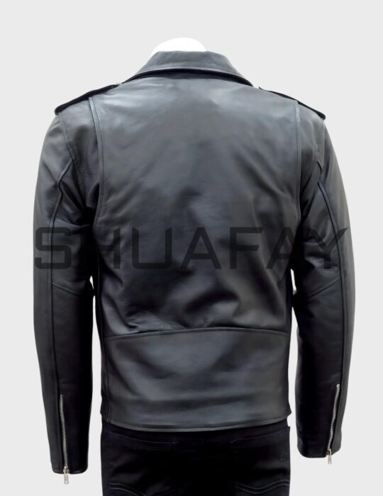 SHUAFAY Black Genuine Leather Biker Jacket with Zipper Details, Premium Motorcyclist Motorcycle Gear for Men.