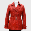 SHUAFAY Red Leather Trench Coat with Double-Breasted Buttons and Belt for Luxury Biker Style.