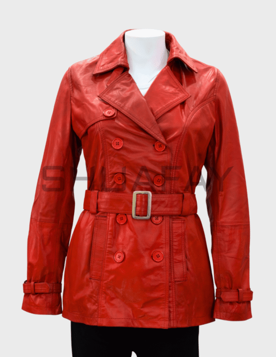 SHUAFAY Red Leather Trench Coat with Double-Breasted Buttons and Belt for Luxury Biker Style.