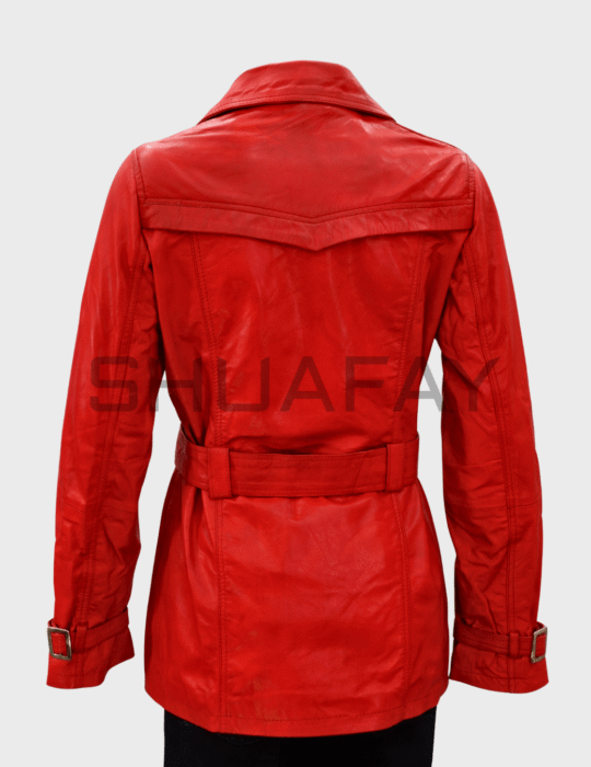 SHUAFAY Red Leather Motorcycle Jacket with Belt and Classic Design.