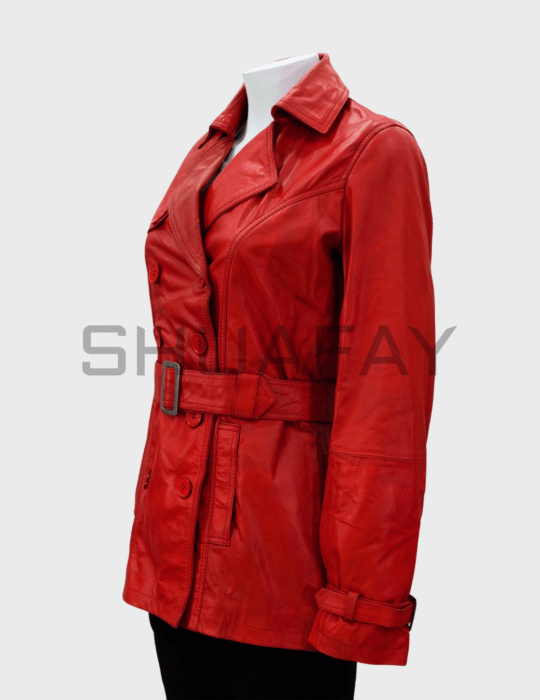SHUAFAY Red Leather Trench Coat with Belt, Premium Biker Style, Luxurious and Durable Leather, Perfect for Fashion-Forward Looks.