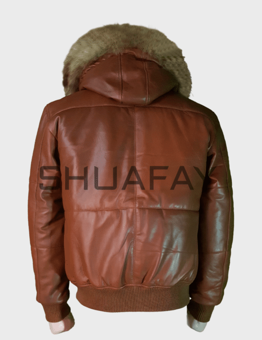 Shuafay genuine leather bomber jacket with fur hood, premium biker gear, stylish men's lifestyle fashion.