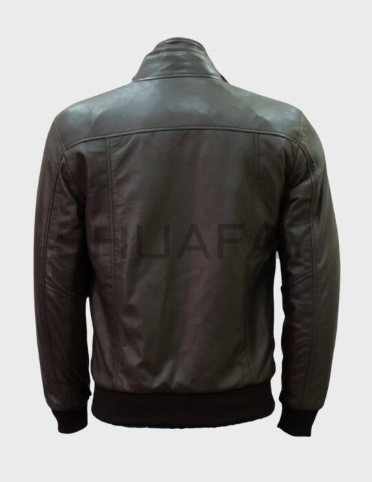 SHUAFAY Classic Black Leather Biker Jacket with Ribbed Cuffs and Premium Finish.