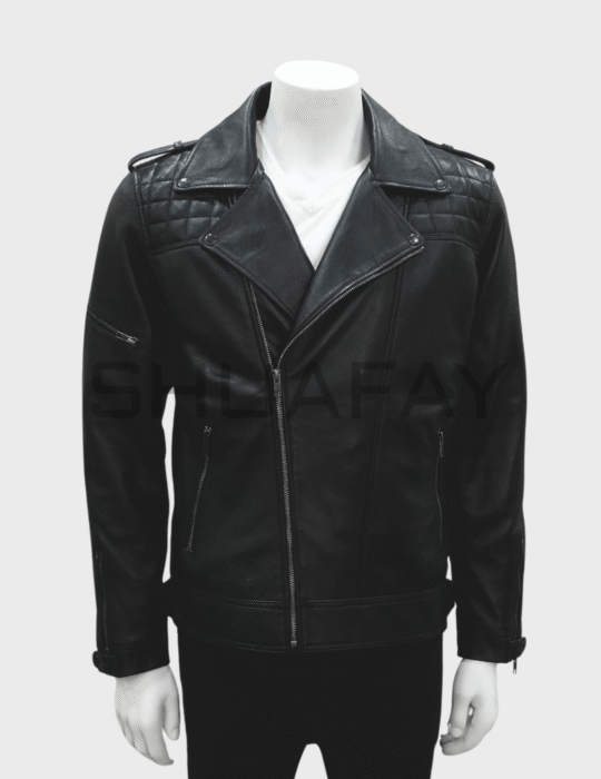 SHUAFAY Men's Black Leather Biker Jacket with Quilted Shoulder Panels, Premium Classic Motorcycle Style, Zipper Closure and Epaulets.