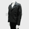 SHUAFAY Black Leather Biker Jacket with Quilted Shoulder Detailing.