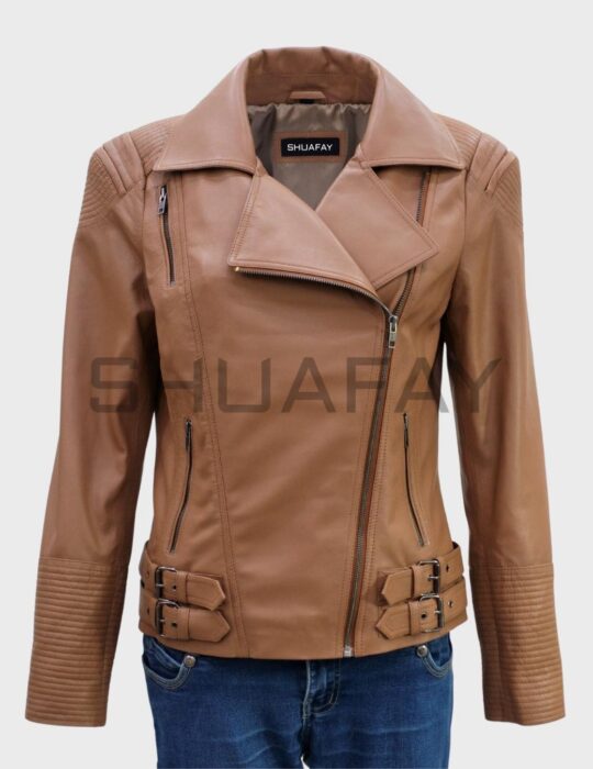 Shuafay genuine leather biker jacket with adjustable belt and quilted shoulder accents, premium craftsmanship for a luxury biker lifestyle.