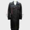 SHUAFAY Black Leather Trench Coat with Double-Breasted Design and Epaulet Detailing.
