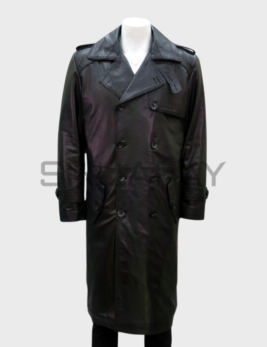 SHUAFAY Black Leather Trench Coat with Double-Breasted Design and Epaulet Detailing.