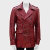 SHUAFAY Red Python Leather Trench Coat with Double Breasted Design and Belted Waist for Luxe Biker Style.