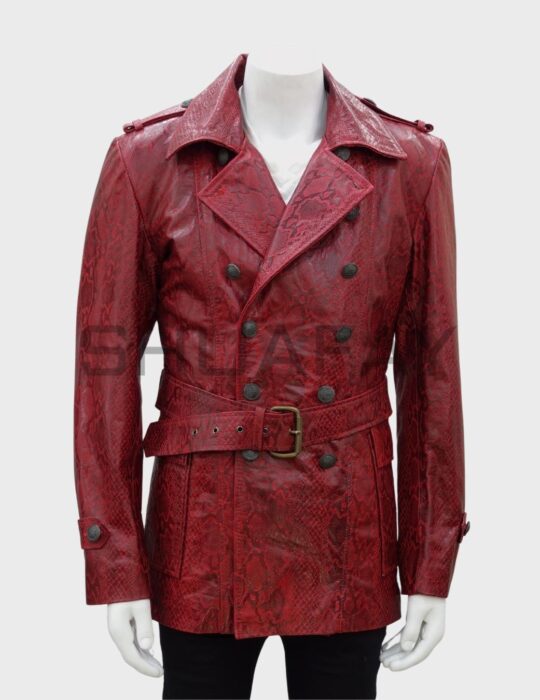 SHUAFAY Red Python Leather Trench Coat with Double Breasted Design and Belted Waist for Luxe Biker Style.