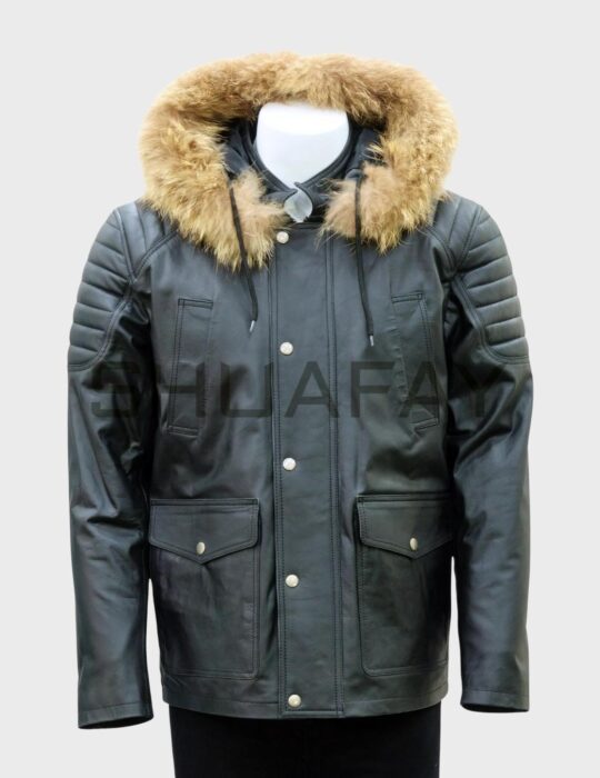 SHUAFAY Men’s Leather Biker Jacket with Fur Hood, Premium Black Leather, Quilted Shoulder Details, Stylish and Durable. Perfect for luxury biker style and cold weather protection.