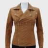SHUAFAY leather biker jacket with premium tan leather, silver hardware, and asymmetric zip design for a sleek, rebellious lifestyle statement.