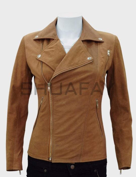 SHUAFAY leather biker jacket with premium tan leather, silver hardware, and asymmetric zip design for a sleek, rebellious lifestyle statement.