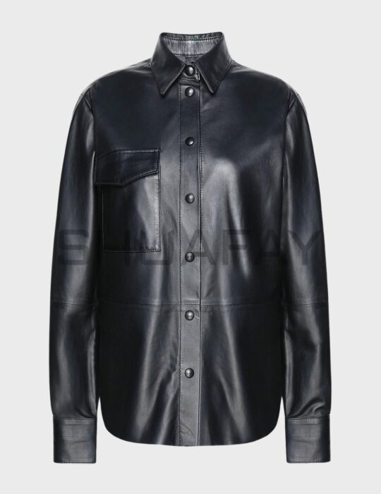 SHUAFAY Black Leather Shirt with Chest Pocket, Premium Biker Leather Outerwear.