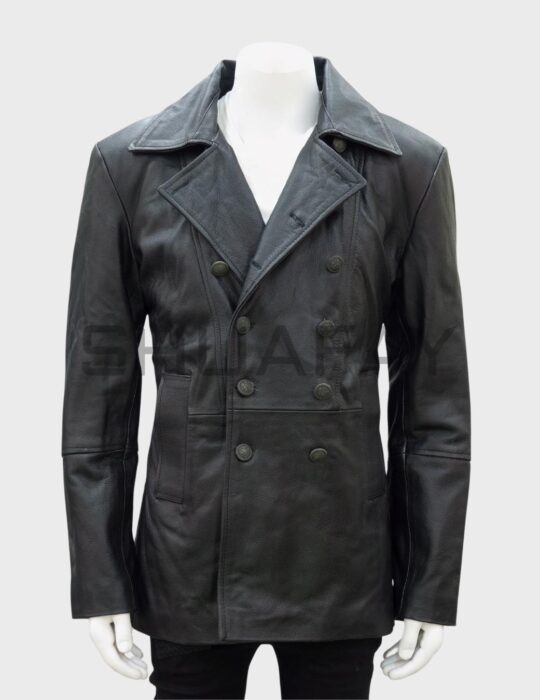 SHUAFAY men's black leather double-breasted trench coat, stylish biker gear, premium leather finish for luxury lifestyle.