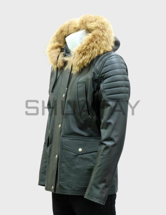 SHUAFAY Black Leather Parka with Fur Hood, premium biker gear and lifestyle outerwear.