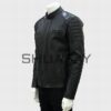 Shuafay men's black leather biker jacket with quilted shoulder details and zippered pockets, stylish and durable for urban riding.