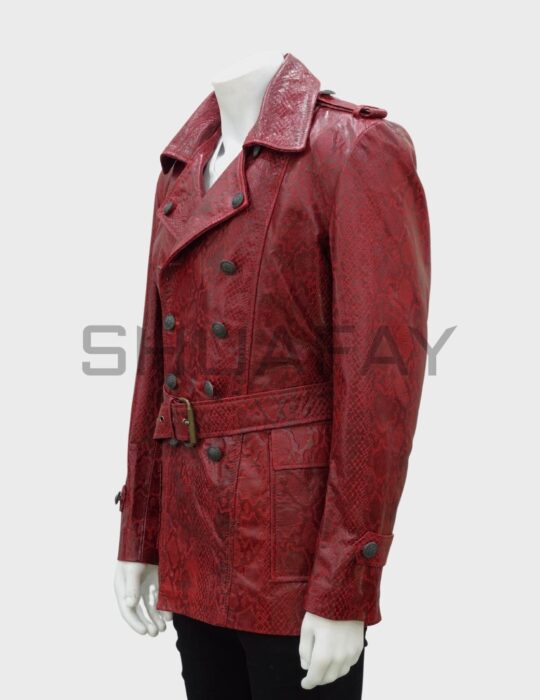 SHUAFAY Snakeskin Leather Biker Jacket with a bold red finish and luxurious texture. Perfect for high-end street style and motorcycle enthusiasts.