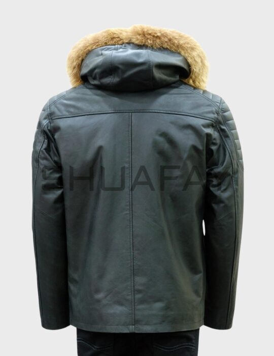 SHUAFAY leather biker jacket with fur-lined hood, premium quality, stylish and durable luxury leather biker gear for an elevated lifestyle.