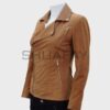 SHUAFAY Women's Leather Motorcycle Jacket in Tan with Zipper Details and Classic Collar.