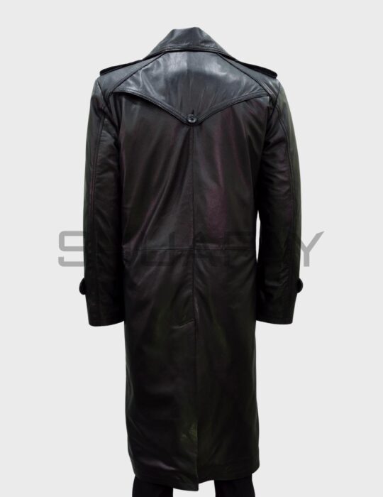 ShuaFAY Leather Trench Coat with Epaulets and Back Yoke, Black - Front View.