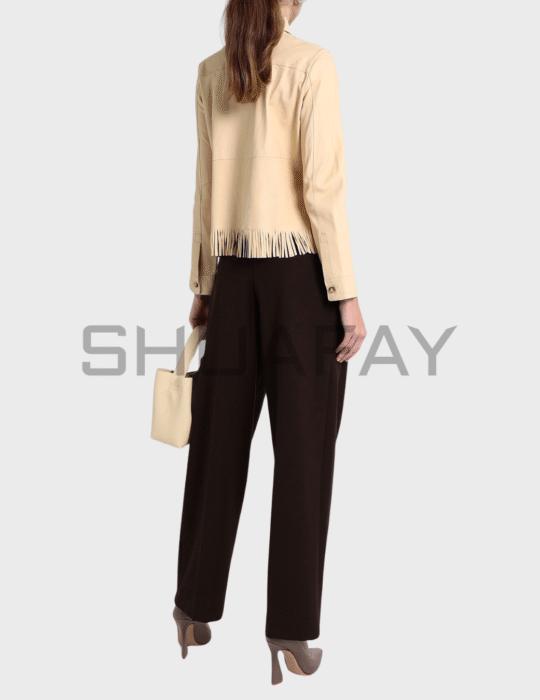 Shuafay leather fringe jacket, stylish beige leather top with fringe detail, luxury biker gear fashion, premium women’s leather jacket for a chic lifestyle, high-quality craftsmanship.