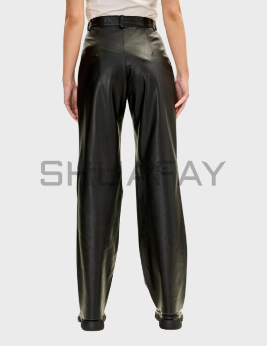 SHUAFAY Black Faux Leather Wide-Leg Pants, high-quality biker-inspired trousers with a sleek finish and comfortable fit. Perfect for luxury leather and moto style enthusiasts.