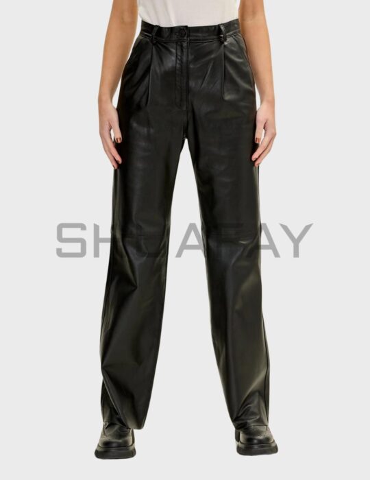 SHUAFAY Leather Wide Leg Pants, high-quality black leather women's trousers with a relaxed fit and distressed finish. Perfect for a bold, edgy lifestyle statement.