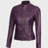 SHUAFAY Purple Leather Biker Jacket with Front Zipper and Stand Collar.