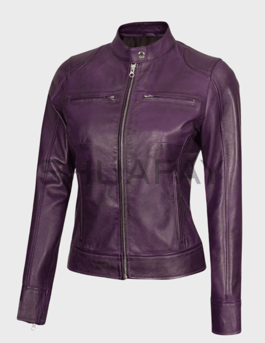 SHUAFAY Purple Leather Biker Jacket with Front Zipper and Stand Collar.