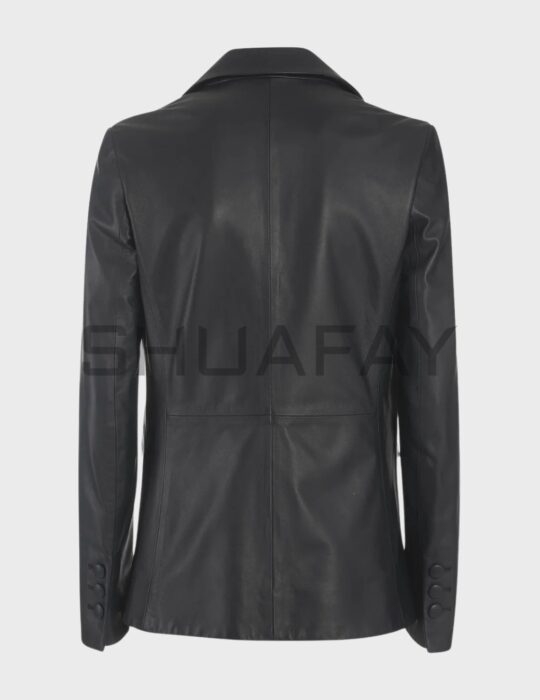 SHUAFAY Black Leather Blazer for Men with Classic Lapel and Button Cuffs, premium biker leather jacket for a sleek, stylish look. Perfect for any biker lifestyle, exuding luxury and edgy sophistication.