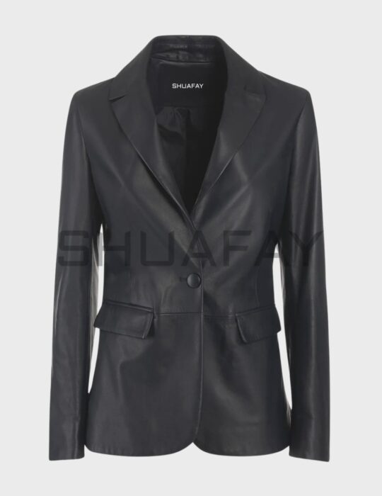 Shuafay black leather blazer with tailored fit and sleek design, ideal for luxury biker lifestyle and stylish urban wear.