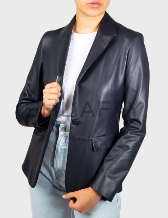 SHUAFAY Luxe Black Leather Blazer with tailored fit and premium craftsmanship.