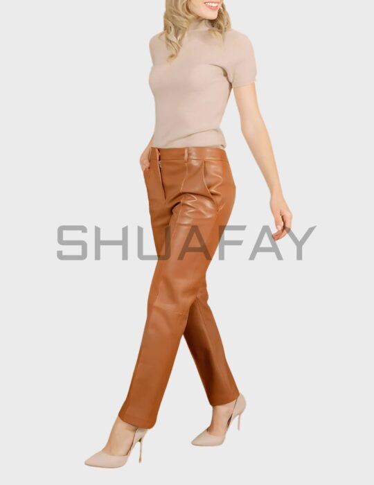 SHUAFAY Leather Pants, Cognac, Luxury Biker Leather Trousers with Zipper Detail, Premium Leather, Modern Fit.