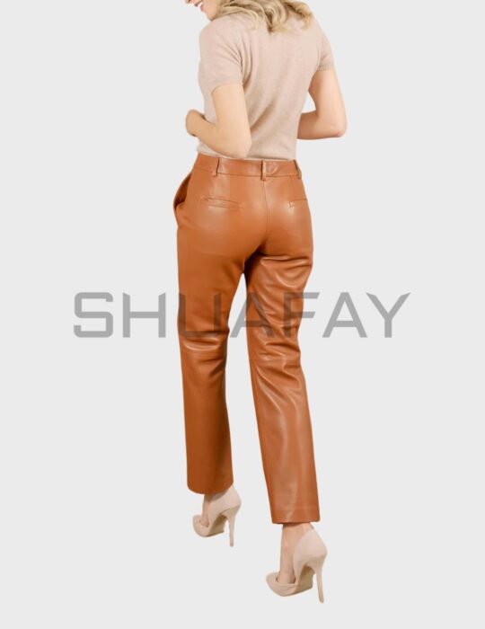 ShuaFAY Women's Leather High-Waist Trousers in Tan, stylish and premium biker-inspired leather pants for a luxury lifestyle look. Perfect for edgy, sophisticated outfits.