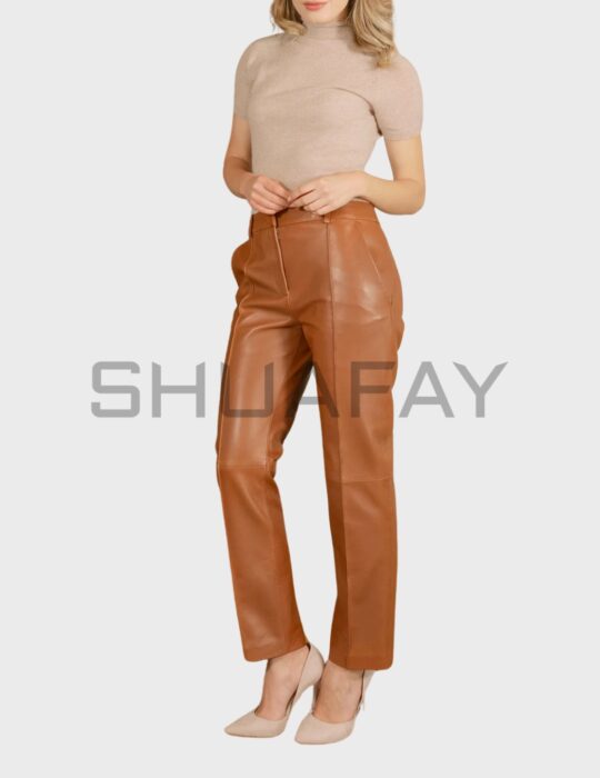 SHUAFAY Genuine Leather High-Waisted Pants, Women's Leather Trousers, Elegant Leather Pants, Sophisticated Biker Style, Premium Leather Fashion.