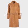 SHUAFAY Leather Trench Coat in rich caramel color, crafted from premium leather for a timeless, luxurious biker lifestyle statement piece.