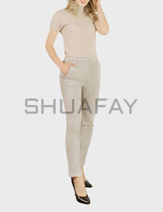 SHUAFAY beige tailored leather pants for a sleek, minimalist look. Perfect for luxury lifestyles, combining comfort and sophistication for everyday elegance.