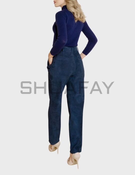 SHUAFAY Women's Blue Velvet Trousers - Stylish luxury leather and biker gear apparel for a sophisticated lifestyle. Perfect for those who appreciate premium quality and elegant design.