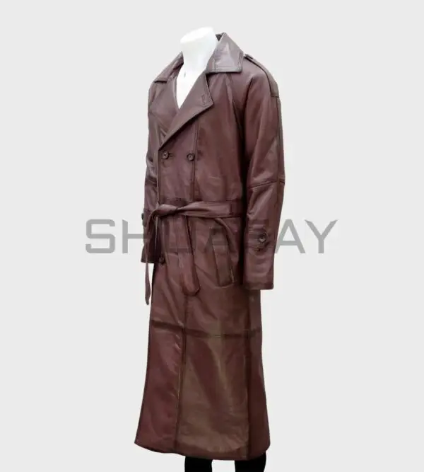 a mannequin wearing a brown leather coat