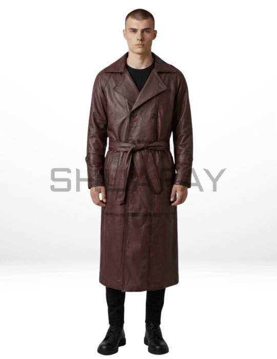 SHUAFAY Gothic Luxe Trench Coat – Men’s Cowhide Leather Double-Breasted Long Coat