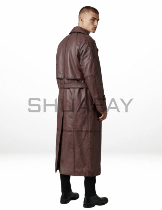 SHUAFAY Gothic Luxe Trench Coat – Rear View Premium Cowhide Leather Coat for Men