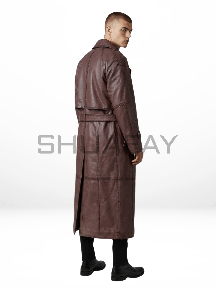 SHUAFAY Gothic Luxe Trench Coat – Rear View Premium Cowhide Leather Coat for Men