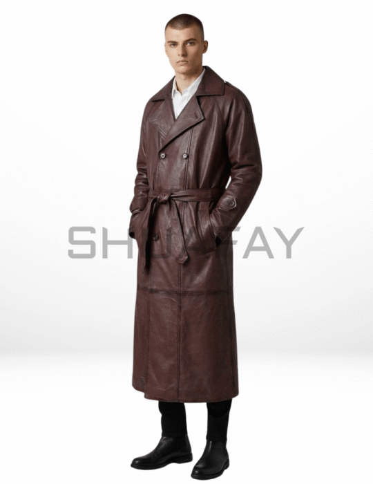 SHUAFAY Leather Trench Coat in rich brown leather, featuring a classic double-breasted design with a waist belt for a luxurious, timeless biker-inspired look. Perfect for stylish cold-weather wear.