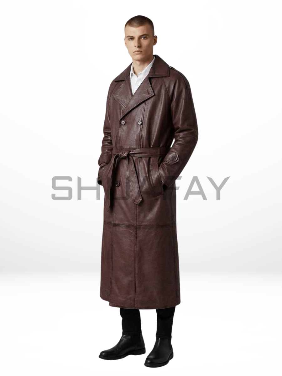 SHUAFAY Leather Trench Coat in rich brown leather, featuring a classic double-breasted design with a waist belt for a luxurious, timeless biker-inspired look. Perfect for stylish cold-weather wear.